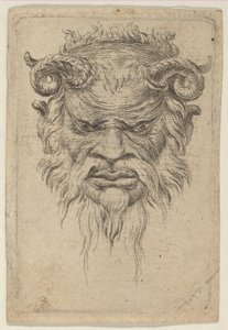 Satermasker met gekrulde hoorns die naar beneden kijken, uit Divers Masques door Francois Chauveau