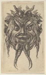 Satyrmasker met hoorns en een gedraaide baard met een klimopkrans, uit Divers Masque..., ca. 1635-45