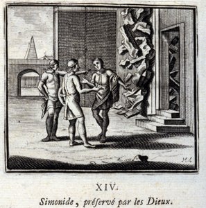 Simonides gered door de goden. Fabels door Jean de La Fontaine (1621-95). Illustratie door François Chauveau (1613-1676). Editie van 1728.