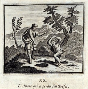 De vrek die zijn schat verloor. Fabels door Jean de La Fontaine (1621-95). Illustratie door François Chauveau (1613-1676). Editie van 1728.