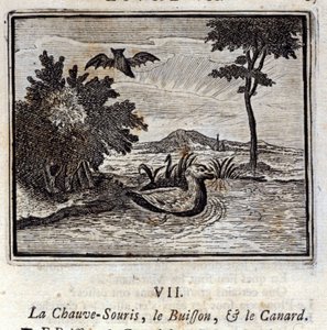 De vleermuis, de struik en de eend. Fabels van Jean de La Fontaine. Illustratie door François Chauveau. Editie van 1728.