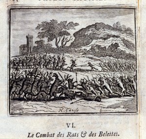 De strijd van ratten en wezels. Fabels door Jean de La Fontaine (1621-95). Illustratie door François Chauveau (1613-1676). Editie van 1728.