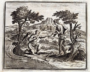 De Houthakker en Mercurius. Fabels van Jean de La Fontaine. Illustratie door François Chauveau. Editie van 1728.