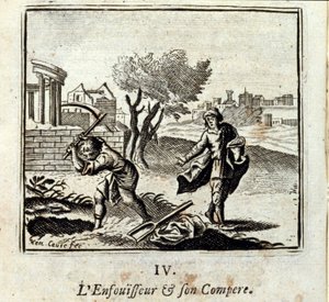 De brander en zijn kompaan. Fabels van Jean de La Fontaine (1621-95). Illustratie door François Chauveau (1613-1676). Editie van 1728. door Francois Chauveau