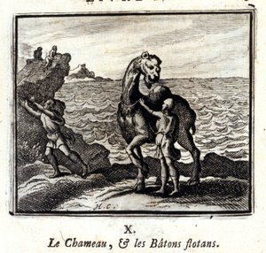 De kameel en de drijvende stokken. Fabels van Jean de La Fontaine. Illustratie door François Chauveau. Editie van 1728. door Francois Chauveau