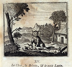 De kat, de wezel en het konijntje. Fabels van Jean de La Fontaine. Illustratie door François Chauveau. Editie van 1728.
