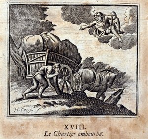 De voerman is lastig. Fabels van Jean de La Fontaine. Illustratie door François Chauveau. Editie van 1728. door Francois Chauveau