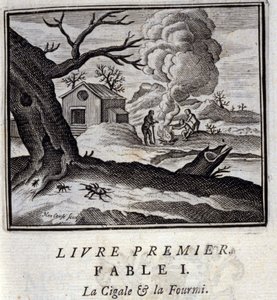 De krekel en de mier. Fabels van Jean de La Fontaine. Illustratie door François Chauveau. Editie van 1728. door Francois Chauveau