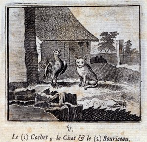De Cochet de Kat en de Muis. Fabels door Jean de La Fontaine (1621-95). Illustratie door François Chauveau (1613-1676). Editie van 1728. door Francois Chauveau