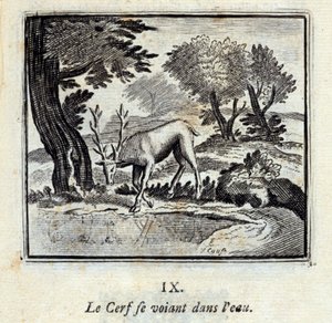 Het hert dat zichzelf in het water ziet. Fabels door Jean de La Fontaine (1621-95). Illustratie door François Chauveau (1613-1676). Editie van 1728. door Francois Chauveau