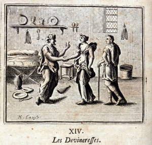 De waarzegsters. Fabels door Jean de La Fontaine. Illustratie door François Chauveau. Editie van 1728 door Francois Chauveau