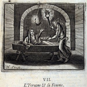De dronkaard en zijn vrouw. Fabels van Jean de La Fontaine (1621-95). Illustratie door François Chauveau (1613-1676). Editie van 1728. door Francois Chauveau