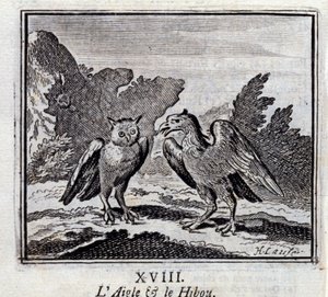 De Adelaar en de Uil. Fabels van Jean de La Fontaine. Illustratie door François Chauveau. Editie van 1728. door Francois Chauveau