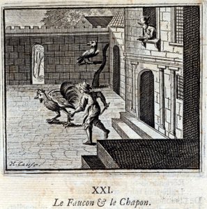 De valk en de kapoen. Fabels door Jean de La Fontaine (1621-95). Illustratie door François Chauveau (1613-1676). Editie van 1728. door Francois Chauveau