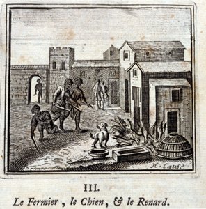 De Boer, de Hond en de Vos. Fabels van Jean de La Fontaine. Illustratie door François Chauveau. Editie van 1728. door Francois Chauveau