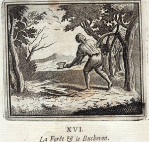 Het Bos en de Houthakker. Fabels van Jean de La Fontaine. Illustratie door François Chauveau. Editie van 1728. door Francois Chauveau