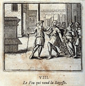 De Dwaas die wijsheid verkoopt. Fabels van Jean de La Fontaine. Illustratie door François Chauveau. Editie van 1728. door Francois Chauveau