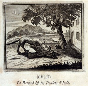 De vos en de kippen van India. Fabels van Jean de La Fontaine. Illustratie door François Chauveau. Editie van 1728. door Francois Chauveau