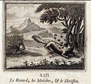 De Vos, de Vliegen en de Egel. Fabels van Jean de La Fontaine. Illustratie door François Chauveau. Editie van 1728. door Francois Chauveau