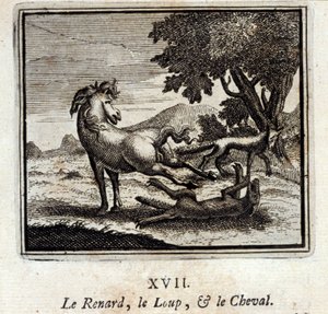 De vos, de wolf en het paard. Fabels door Jean de La Fontaine (1621-95). Illustratie door François Chauveau (1613-1676). Editie van 1728.