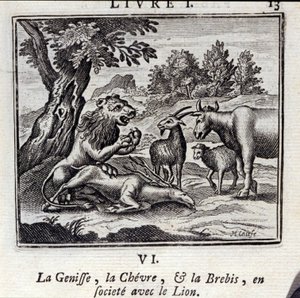 De koe, de geit en het schaap in gezelschap van de leeuw. Fabels door Jean de La Fontaine (1621-95). Illustratie door François Chauveau (1613-1676). Editie van 1728. door Francois Chauveau