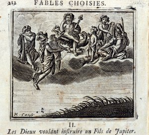 De goden die een zoon van Jupiter willen onderwijzen. Fabels door Jean de La Fontaine (1621-95). Illustratie door François Chauveau (1613-1676). Editie van 1728.