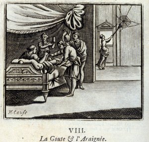 De Jicht en de Spin. Fabels van Jean de La Fontaine. Illustratie door François Chauveau. Editie van 1728. door Francois Chauveau