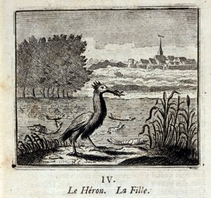 De reiger. Fabels door Jean de La Fontaine (1621-95). Illustratie door François Chauveau (1613-1676). Editie van 1728. door Francois Chauveau