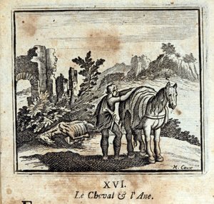 Het paard en de ezel. Fabels van Jean de La Fontaine. Illustratie door François Chauveau. Editie van 1728. door Francois Chauveau