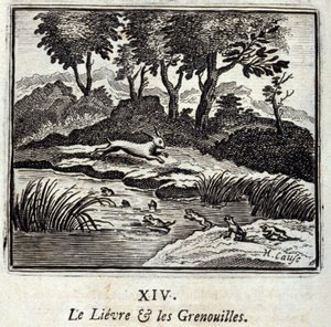 De haas en de kikkers. Fabels van Jean de La Fontaine (1621-95). Illustratie door François Chauveau (1613-1676). Editie van 1728.