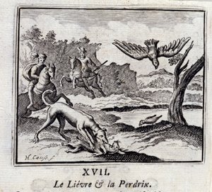 De haas en de patrijs. Fabels van Jean de La Fontaine (1621-95). Illustratie door François Chauveau (1613-1676). Editie van 1728. door Francois Chauveau