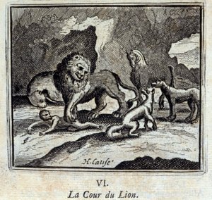 Het hof van de leeuw. Fabels door Jean de La Fontaine (1621-95). Illustratie door François Chauveau (1613-1676). Editie van 1728. door Francois Chauveau