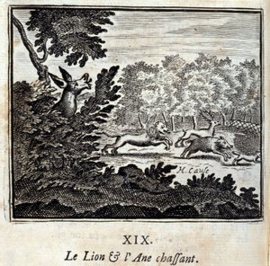 De leeuw en de ezel op jacht. Fabels van Jean de La Fontaine (1621-95). Illustratie door François Chauveau (1613-1676). Editie van 1728. door Francois Chauveau