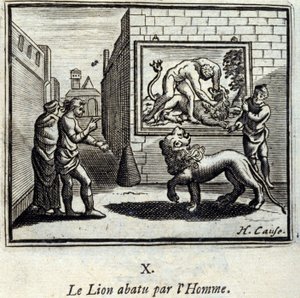 De leeuw neergeschoten door de mens. Fabels van Jean de La Fontaine (1621-95). Illustratie door François Chauveau (1613-1676). Editie van 1728. door Francois Chauveau