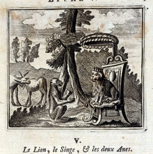 De leeuw, de aap en de twee ezels. Fabels van Jean de La Fontaine (1621-95). Illustratie door François Chauveau (1613-1676). Editie van 1728. door Francois Chauveau