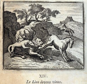 De Leeuw werd oud. Fabels van Jean de La Fontaine. Illustratie door François Chauveau. Editie van 1728.