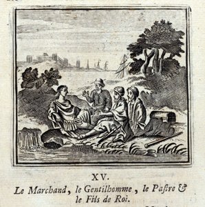 De Koopman, de Edelman, de Patra en de Zoon van de Koning. Fabels van Jean de La Fontaine. Illustratie door François Chauveau. Editie van 1728.