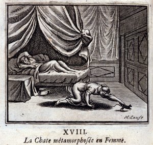De kat die in een vrouw veranderde. Fabels door Jean de La Fontaine (1621-95). Illustratie door François Chauveau (1613-1676). Editie van 1728. door Francois Chauveau