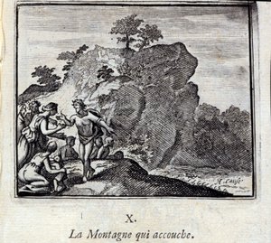 De Berg die baart. Fabels van Jean de La Fontaine. Illustratie door François Chauveau. Editie van 1728. door Francois Chauveau