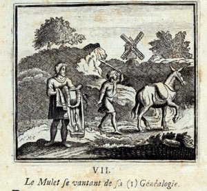 De Mullet die opschept over zijn genealogie. Fabels door Jean de La Fontaine (1621-95). Illustratie door François Chauveau (1613-1676). Editie van 1728.