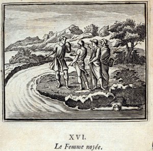 De verdronken vrouw. Fabels door Jean de La Fontaine (1621-95). Illustratie door François Chauveau (1613-1676). Editie van 1728. door Francois Chauveau