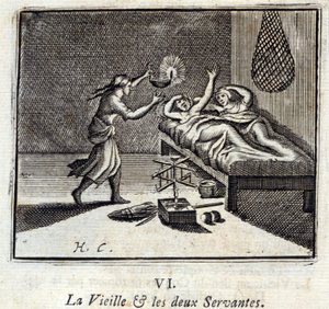 De oude dame en de twee bedienden. Fabels van Jean de La Fontaine. Illustratie door François Chauveau. Editie van 1728.