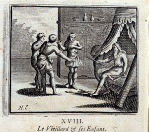 De Oude Man en Zijn Kinderen. Fabels van Jean de La Fontaine. Illustratie door François Chauveau. Editie van 1728. door Francois Chauveau