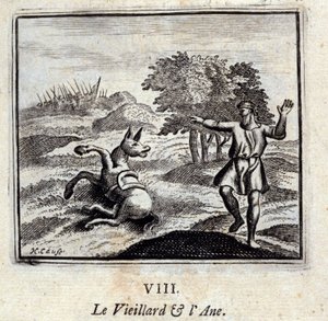De oude man en de ezel. Fabels door Jean de La Fontaine (1621-95). Illustratie door François Chauveau (1613-1676). Editie van 1728. door Francois Chauveau