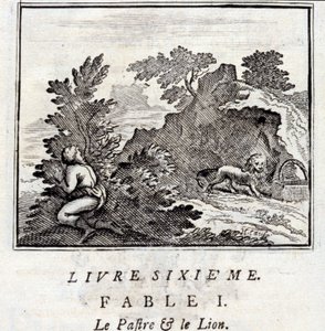 De Patra en de Leeuw. Fabels van Jean de La Fontaine. Illustratie door François Chauveau. Editie van 1728. door Francois Chauveau