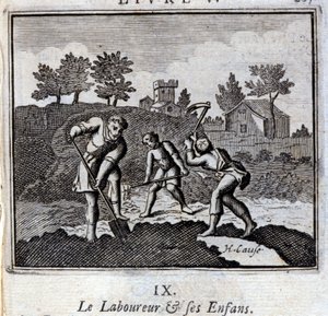 De Huiler en zijn Kinderen. Fabels van Jean de La Fontaine. Illustratie door François Chauveau. Editie van 1728. door Francois Chauveau