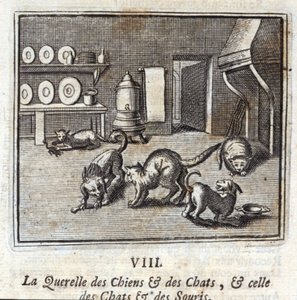 De ruzie van honden en katten, en die van katten en muizen. Fabels van Jean de La Fontaine. Illustratie door François Chauveau. Editie van 1728.