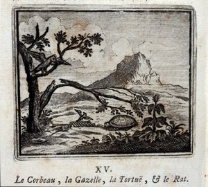 De Raaf, de Gazelle, de Schildpad en de Rat. Fabels door Jean de La Fontaine (1621-95). Illustratie door François Chauveau (1613-1676). Editie van 1728.
