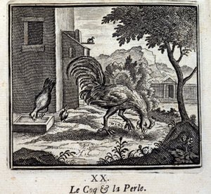 De haan en de parel. Fabels van Jean de La Fontaine (1621-95). Illustratie door François Chauveau (1613-1676). Editie van 1728.