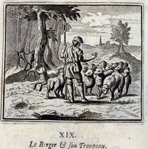 De herder en zijn kudde. Fabels door Jean de La Fontaine (1621-95). Illustratie door François Chauveau (1613-1676). Editie van 1728.